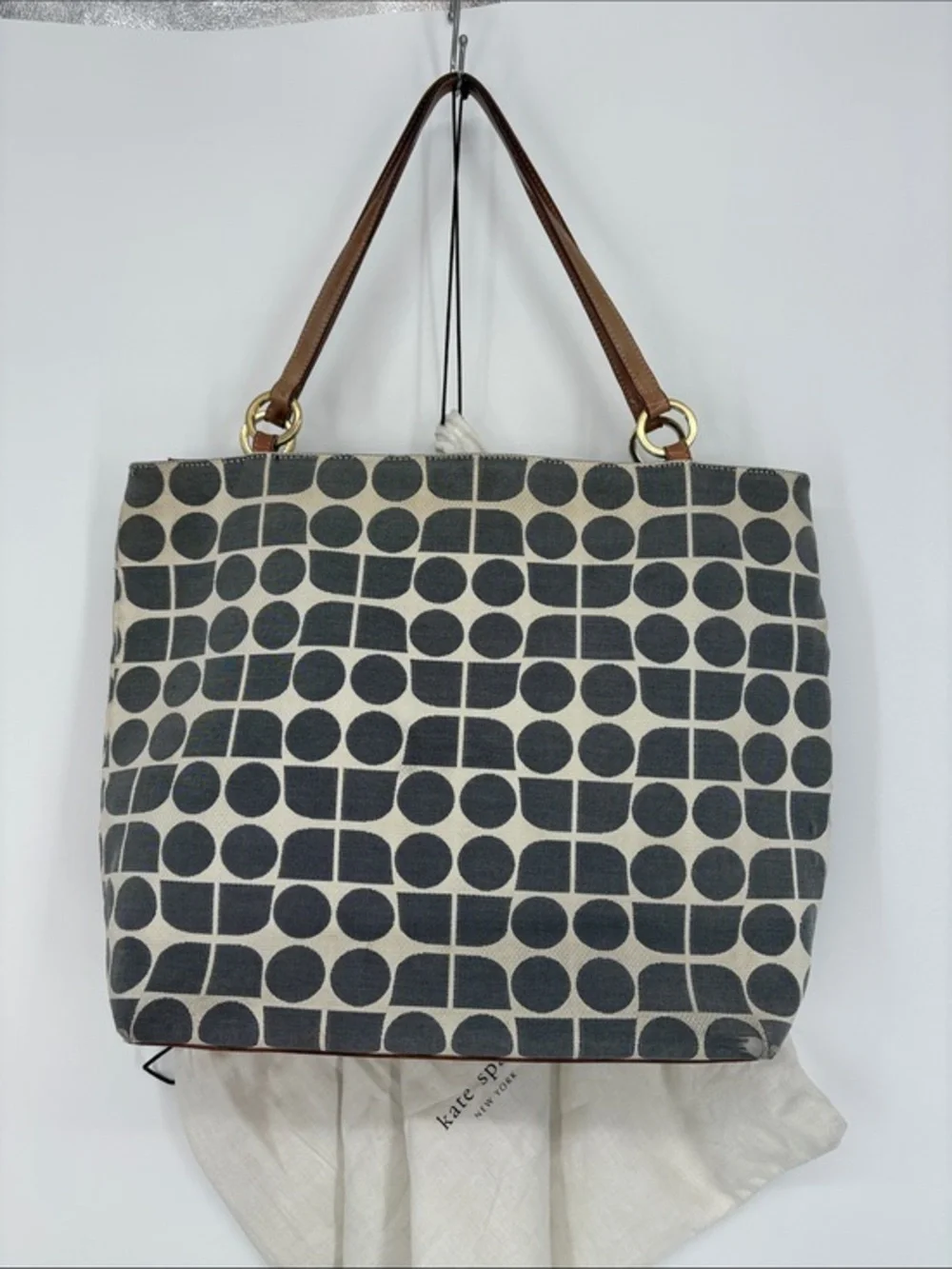 🗄️ kate spade Black & Cream Geometric Canvas Tote with Brown Leather Handles